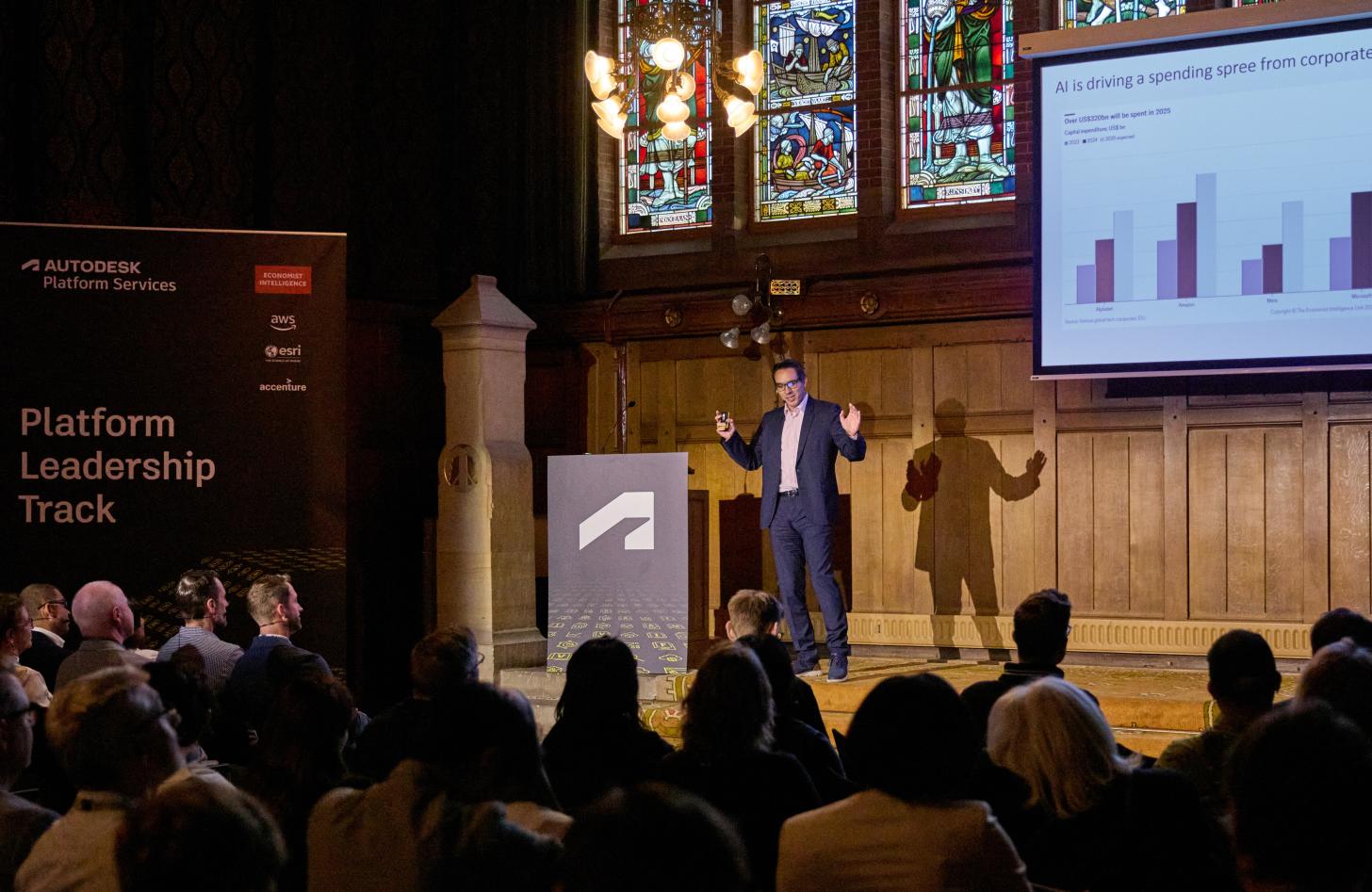 A speaker presenting at the Autodesk DevCon 2025 - Platform Leadership Track.