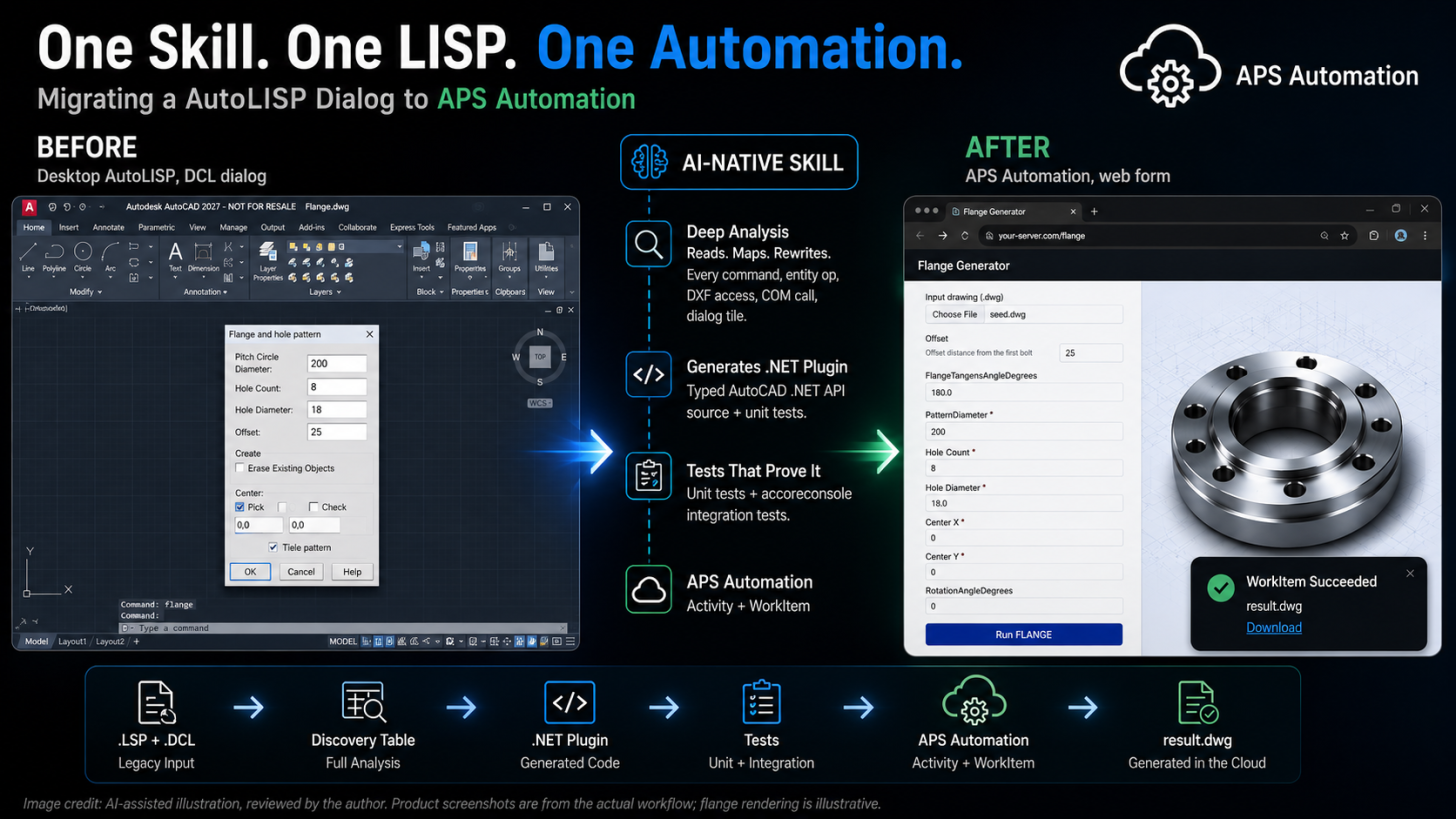 Before-and-after workflow showing a desktop AutoLISP DCL flange dialog transformed by an AI-native skill into a web form running with APS Automation.