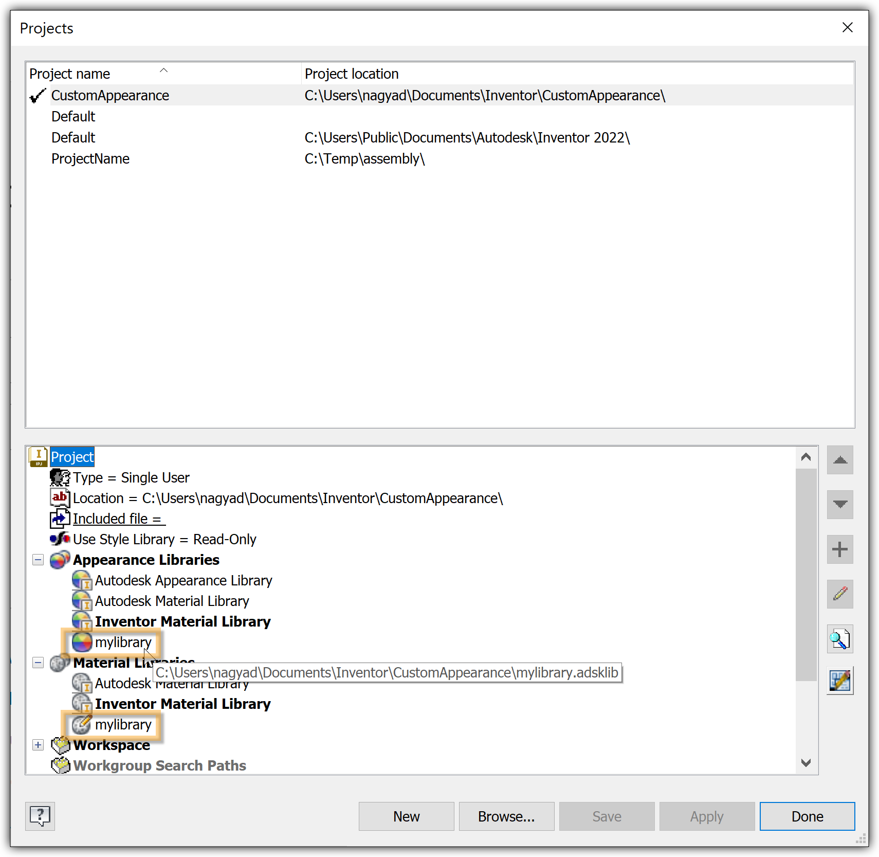 Inventor Projects dialog