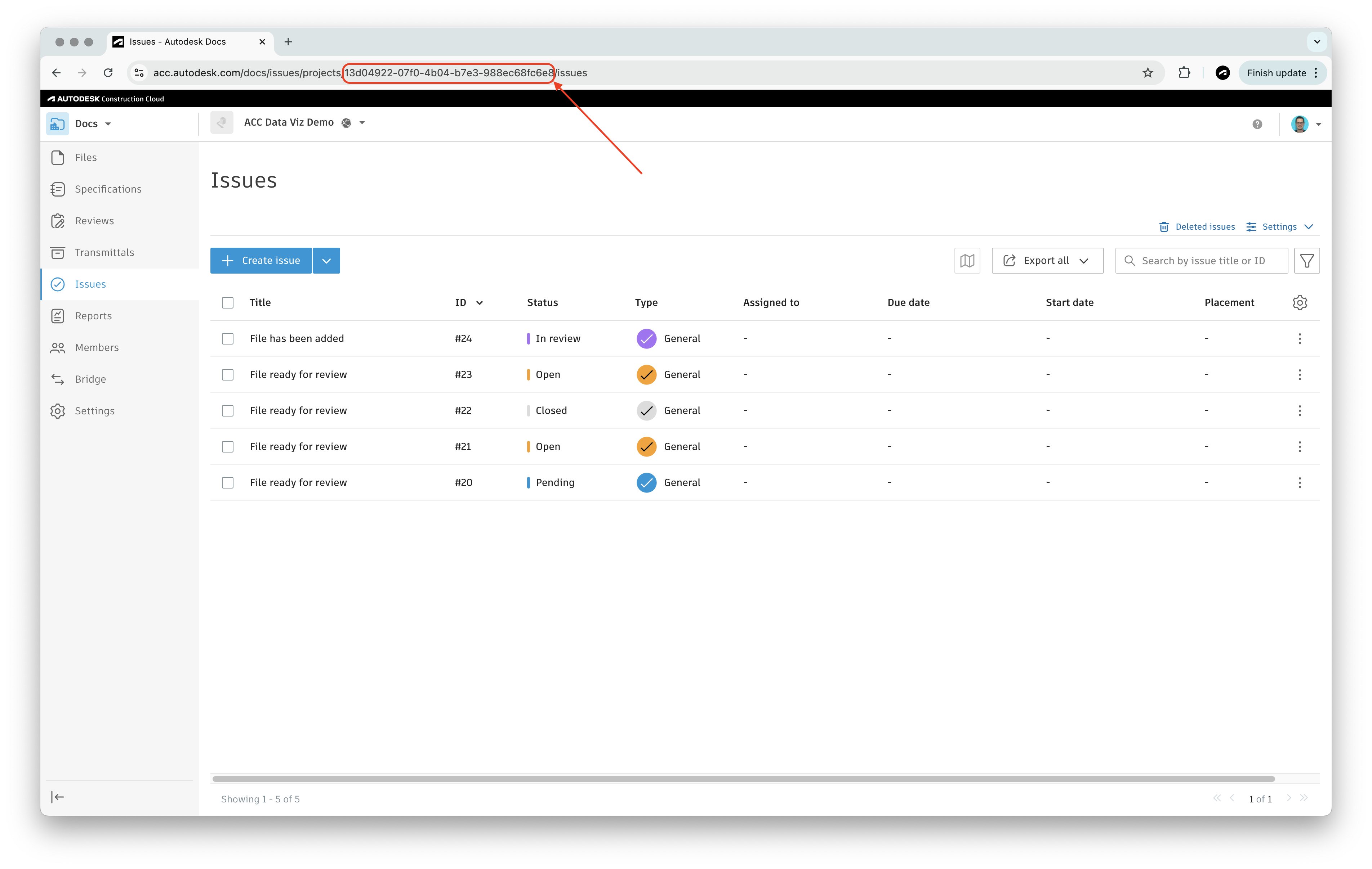 Get issues container ID