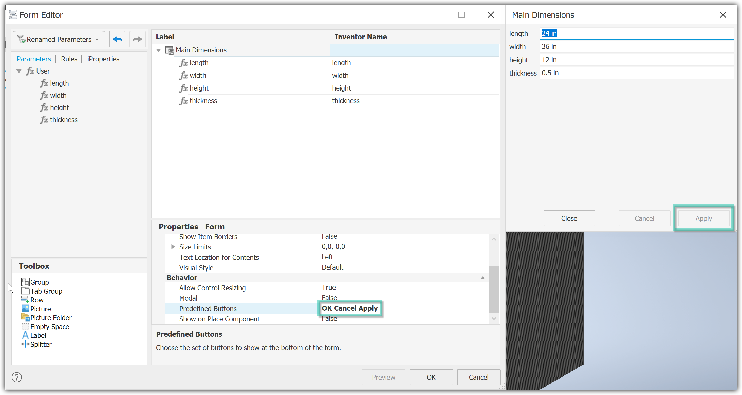 iLogic Form Ok / Cancel / Appply